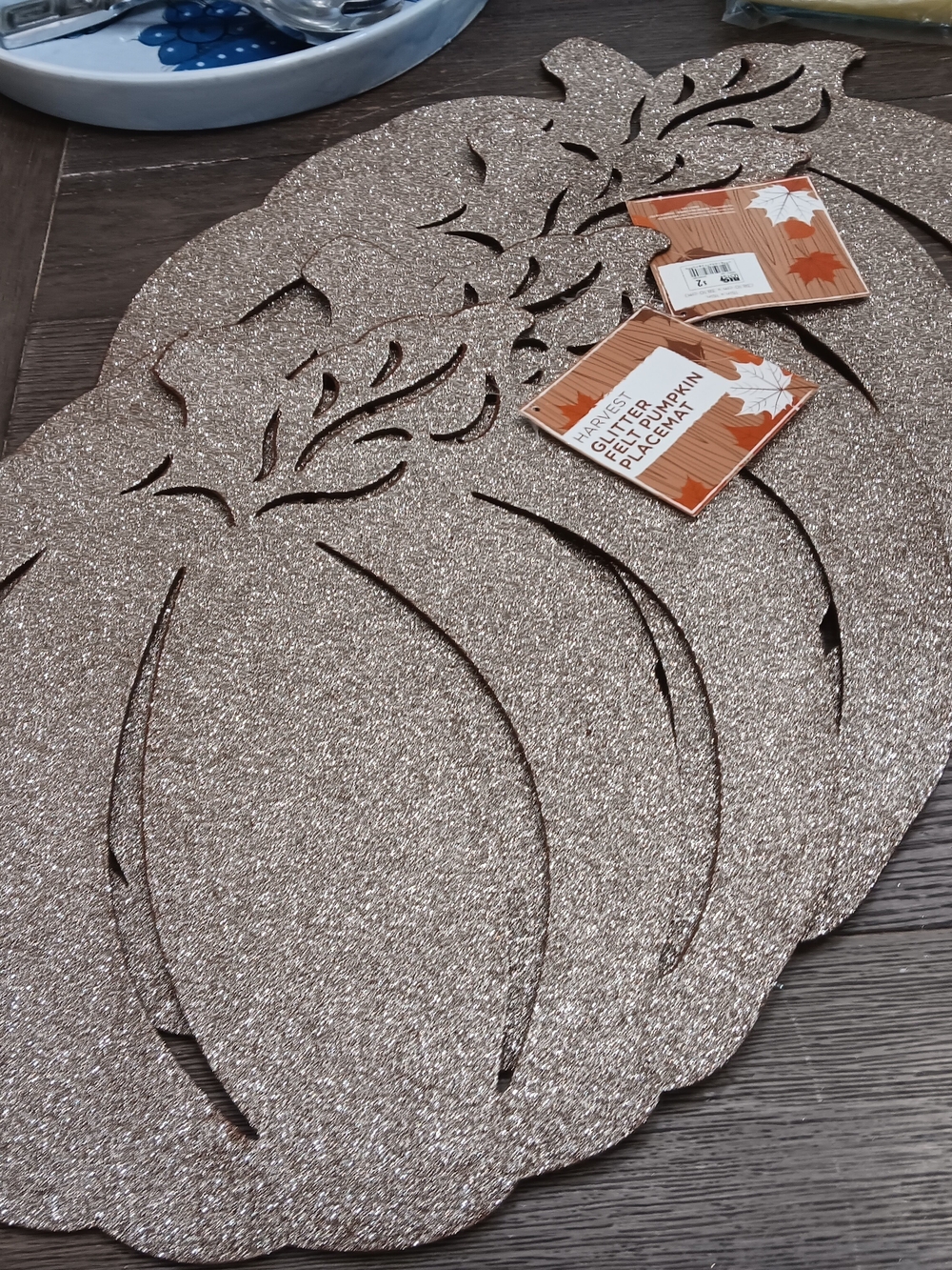 Set Of 4 Harvest Glitter Pumpkin Placemats- Sparkling Gold Fall Table Accent